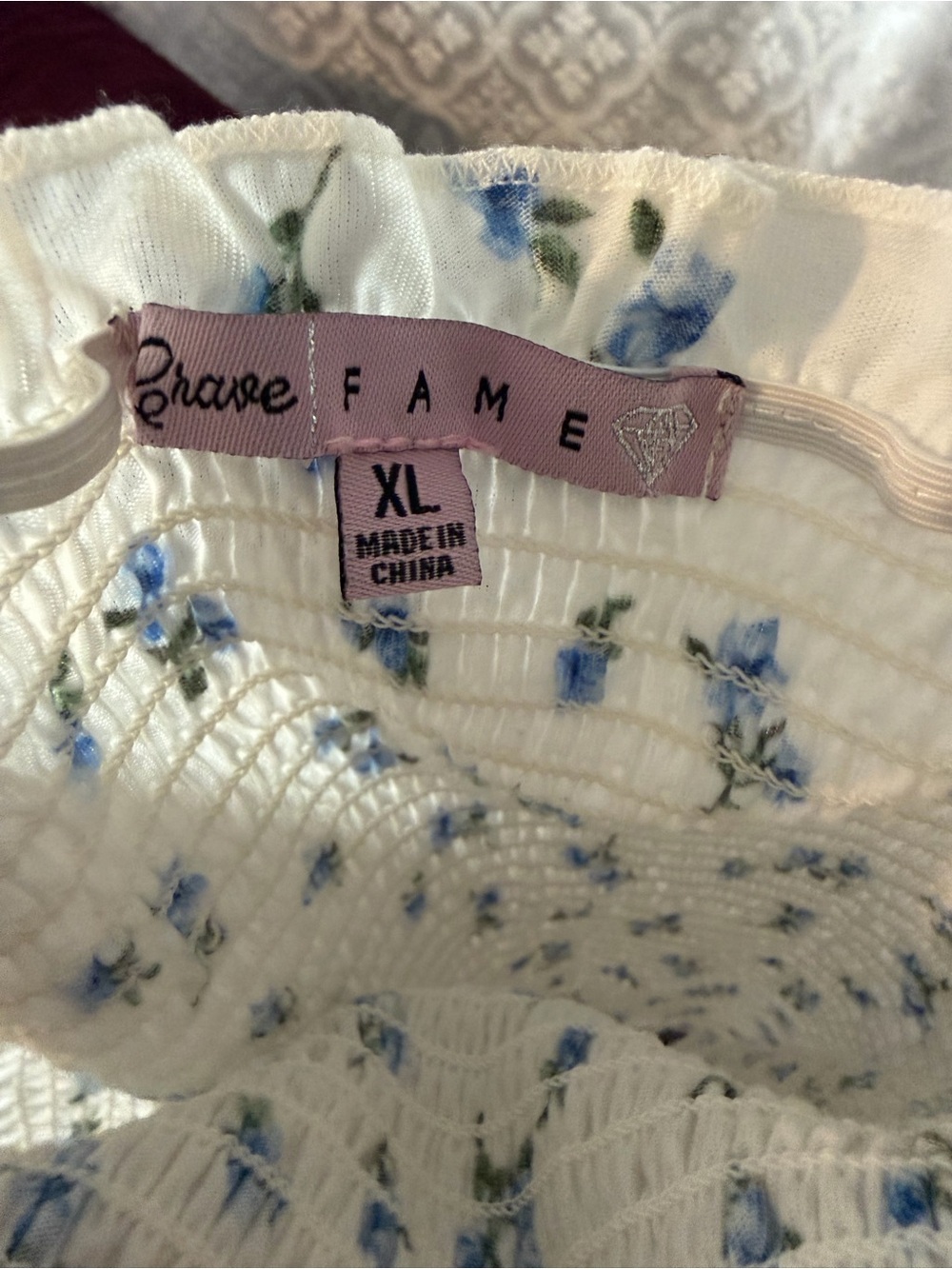 Crave Fame White Smocked Bandeau with Blue Floral Print